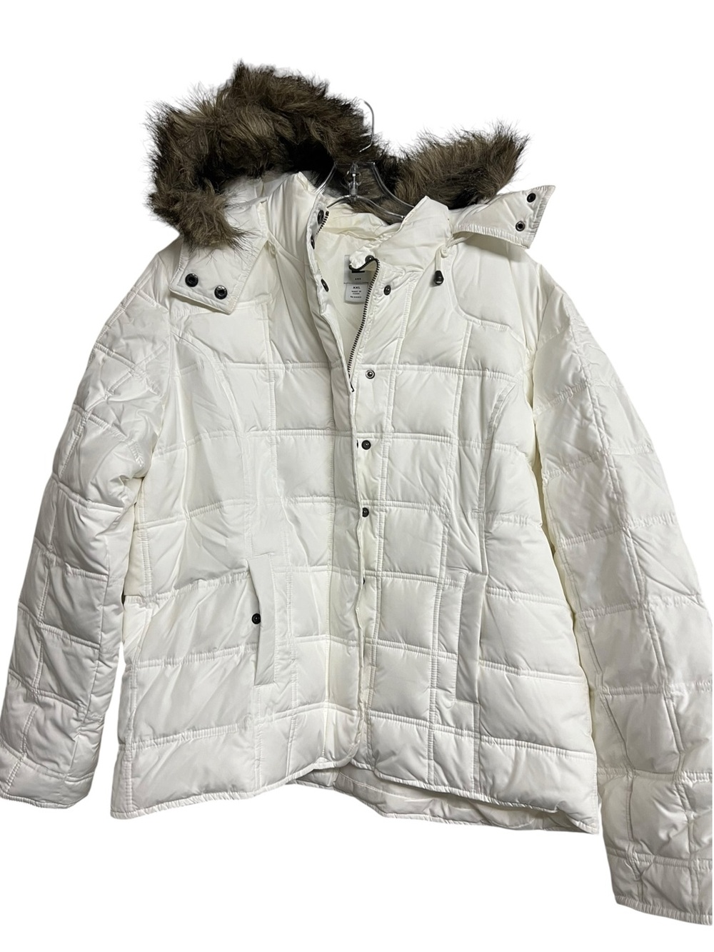 Y2K GAP White Quilted Puffer Hooded Coat with Faux Fur Trim Hood 2000s XXL